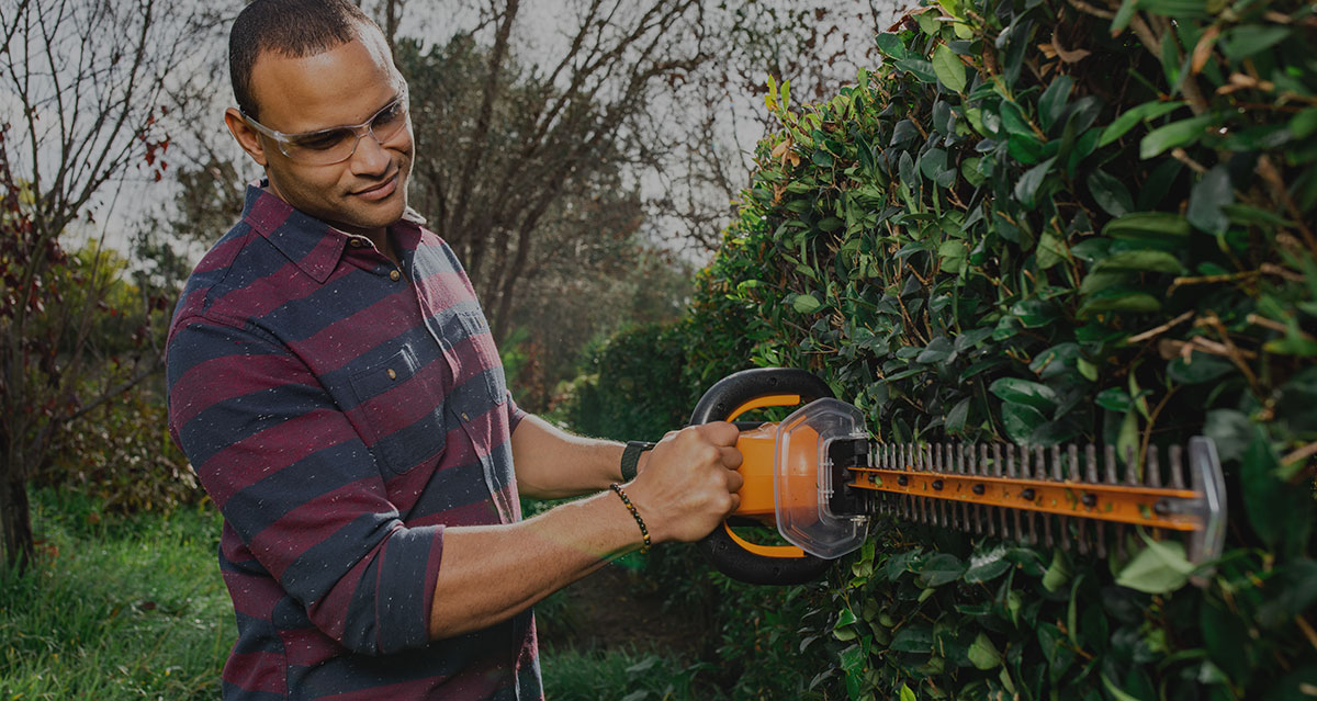 Adult man using Worx tool in his yard